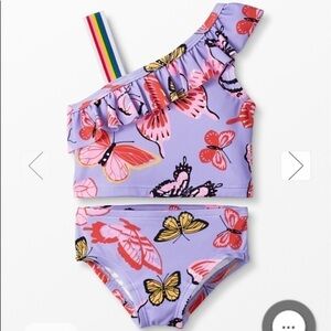 Hanna Andersson NWT One Shoulder Ruffle Tankini Swimsuit Butterfly Multi 2T 85